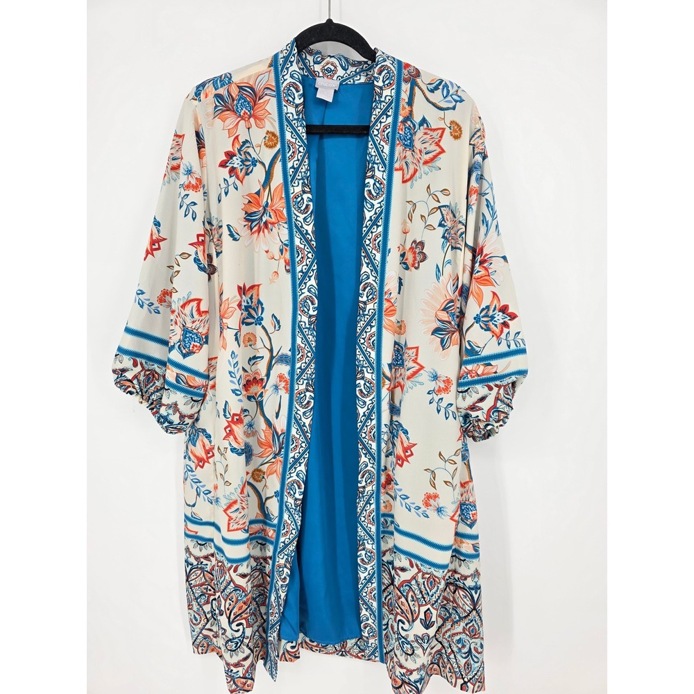 Chico's Floral Open Front Kimono Jacket‎ Cover Up Cream Blue Orange Size 3 XL